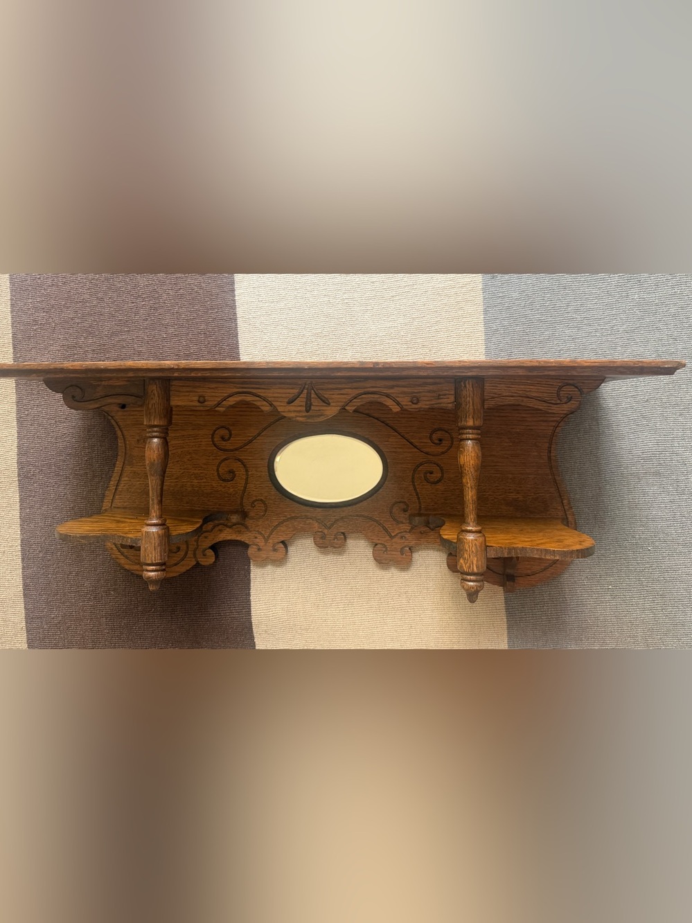 Victorian Oak 1890 Antique Wall Clock Shelf, Beveled Mirror